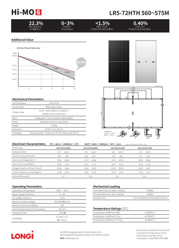 High Power Output with Longi Hi-MO6 LR5-72HTH 570W for Large-Scale Solar Projects