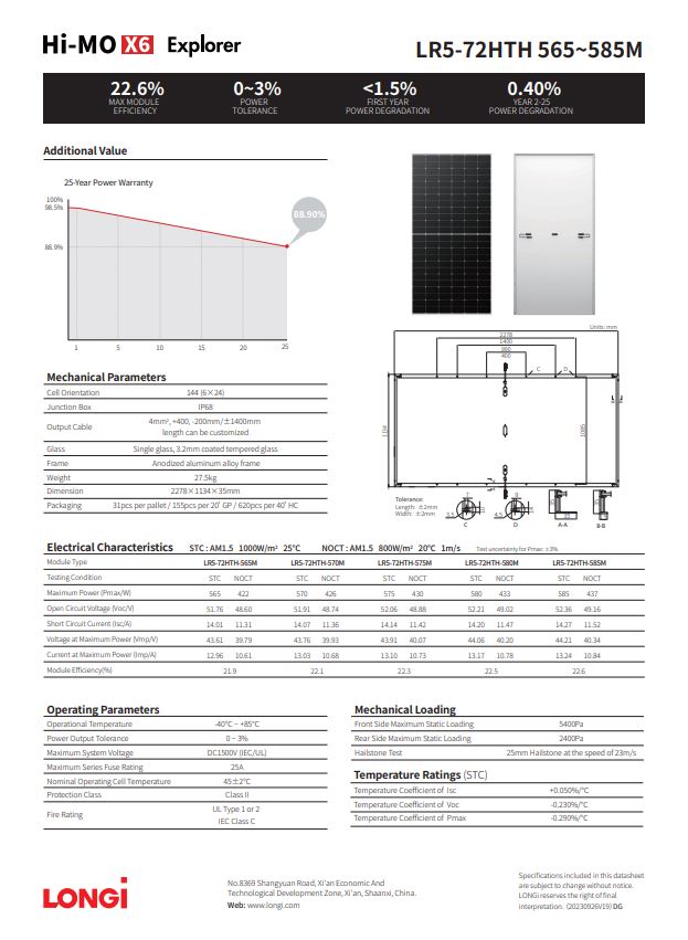 High Power Output with Longi Hi-MO6 LR5-72HTH 590W for Large-Scale Solar Projects