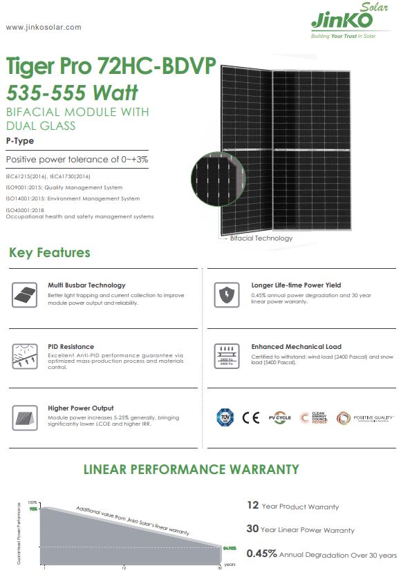 Jinko Solar 72HC-BDVP 535-555W: Durable, Dual-Glass Design for Maximum Reliability in Harsh Conditions