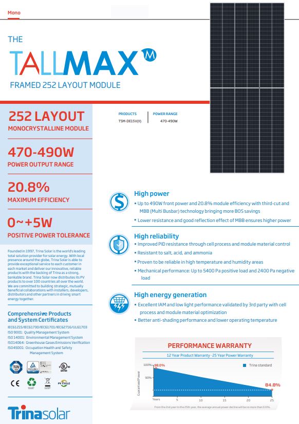 Durable Design of Trina Solar TSM-DE15V(II) 470-490W for Long-Lasting Solar Power Generation