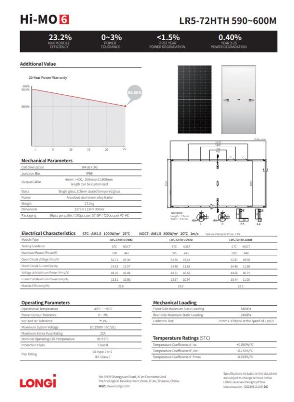 High Power Output with Longi Hi-MO6 LR5-72HTH 590W for Large-Scale Solar Projects